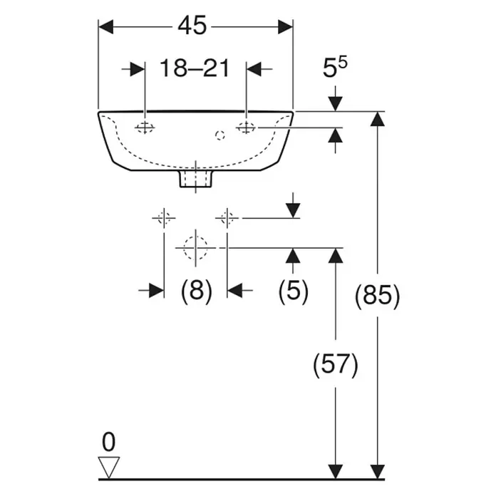 Geberit Renova Waschbecken - B x L: 45 x 36 cm, Mit schmutzabweisender Glasur, Hahnloch: Ohne, Mit Überlauf, Weiß - Technische Zeichnung eines Waschbeckens mit Maßen für Montage und Anschlüsse.