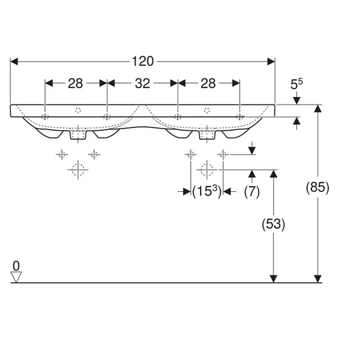 Geberit iCon Light Doppelwaschtisch - 120 x 48 cm, Mit schmutzabweisender Glasur, Ohne Hahnloch/Mit Überlauf, Weiß - Technische Zeichnung eines Doppelwaschbeckens, zeigt Aufsicht und Vorderansicht mit Maßen.
