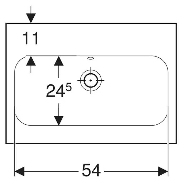 Geberit iCon Light Waschtisch - 60 x 42 cm, Ohne Spezialglasur, Hahnloch: Ohne, Mit Überlauf, Weiß - Bemaßte technische Zeichnung eines rechteckigen Waschbeckens mit abgerundeten Ecken, Hahnloch und Überlauf.