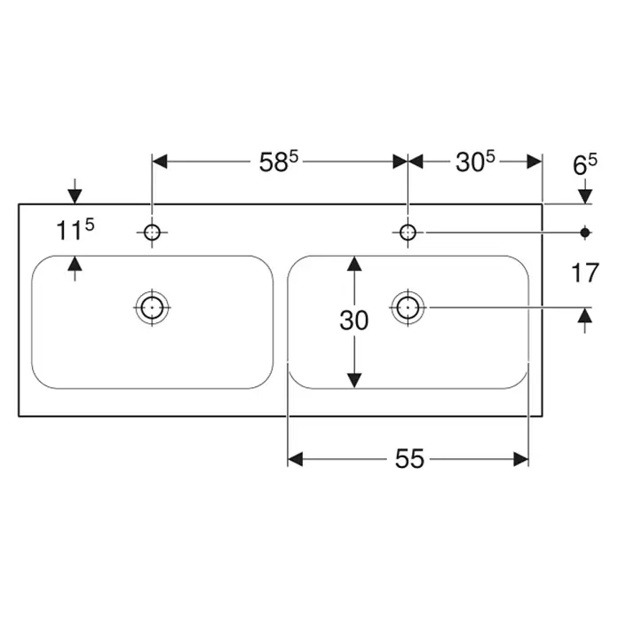 Geberit iCon Light Doppelwaschtisch - 120 x 48 cm, Ohne Spezialglasur, Mit Hahnloch/Ohne Überlauf, Weiß - Technische Zeichnung eines Doppelwaschbeckens, Aufsicht mit Maßen für zwei rechteckige Becken und Armaturenlöcher.