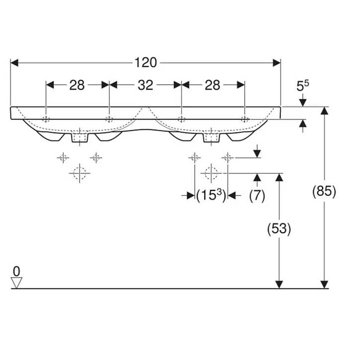 Geberit iCon Light Doppelwaschtisch - 120 x 48 cm, Mit schmutzabweisender Glasur, Ohne Hahnloch/Ohne Überlauf, Weiß - Technisches Maßblatt eines Doppelwaschtischs mit Abmessungen für Breite, Beckenabstand und Einbaupunkte.