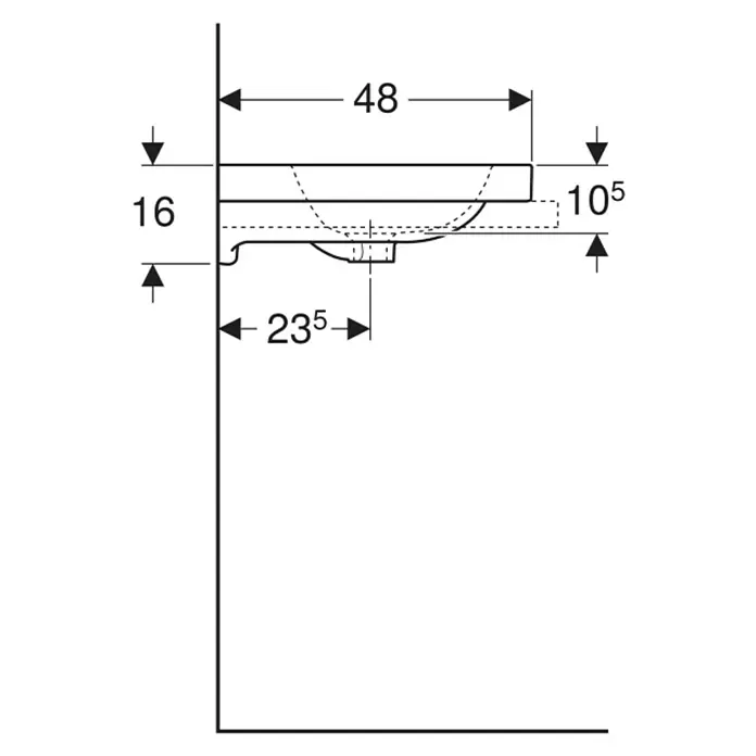 Geberit iCon Light Aufsatzwaschbecken - 60 x 48 cm, Ohne Spezialglasur, Mit Hahnloch/Mit Überlauf, Weiß - Technische Maßzeichnung eines Waschbeckens, zeigt Breite 48, Wandabstand 23,5, sowie Höhen 16 und 10,5.