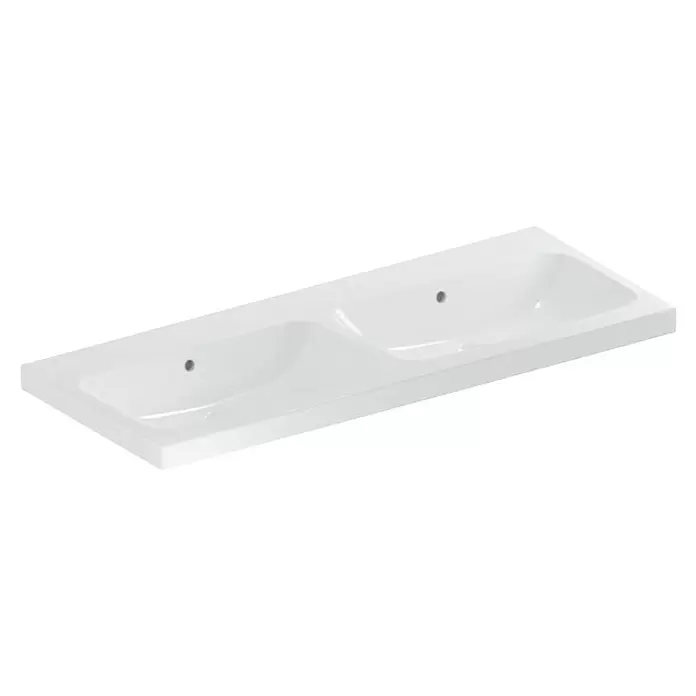 Geberit iCon Light Doppelwaschtisch - 120 x 48 cm, Mit schmutzabweisender Glasur, Ohne Hahnloch/Mit Überlauf, Weiß - Weißes Keramik-Doppelwaschbecken mit zwei Hahnlöchern.