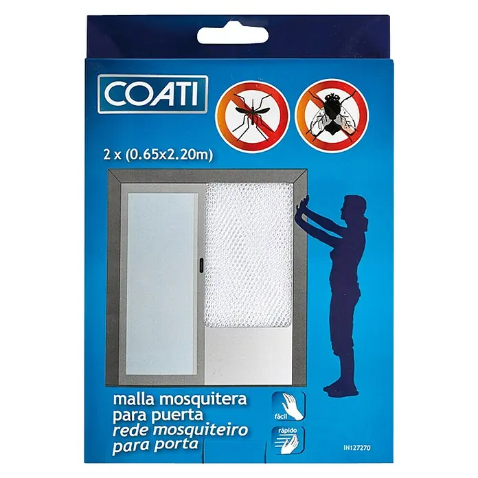 Coati Mosquitera puerta - An x Al: 65 x 220 cm, Fijación por velcro - Imagen del embalaje de una puerta mosquitera COATI, que proporciona una protección eficaz contra los insectos y es fácil de instalar.