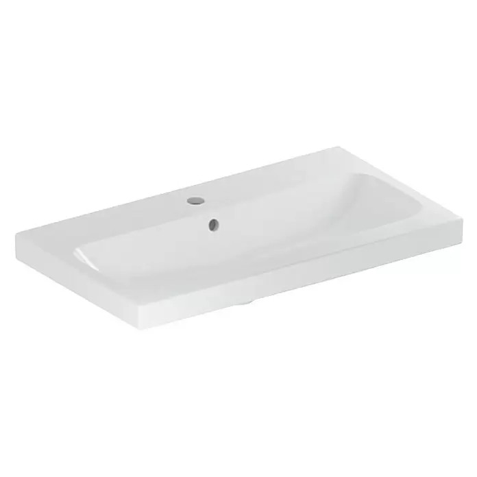Geberit iCon Light Waschtisch - 75 x 42 cm, Ohne Spezialglasur, Hahnloch: Mitte, Mit Überlauf, Weiß - Weißes rechteckiges Keramik-Waschbecken mit integriertem Becken, Hahnloch und Überlauf.