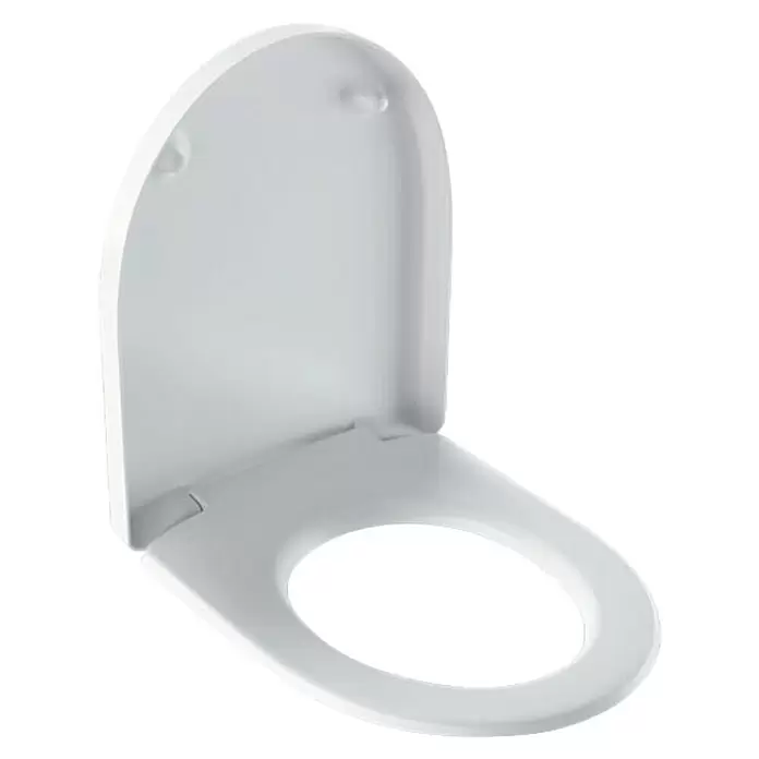 Geberit iCon WC-Sitz Typ 2 - Duroplast, Weiß, Mit Absenkautomatik - Weißer Toilettensitz mit hochgeklapptem Deckel.