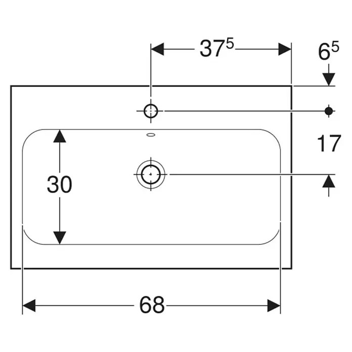 Geberit iCon Light Aufsatzwaschbecken - 75 x 48 cm, Mit schmutzabweisender Glasur, Mit Hahnloch/Mit Überlauf, Weiß - Technische Zeichnung einer rechteckigen Spüle von oben mit Maßen für Hahn- und Abflusslöcher.