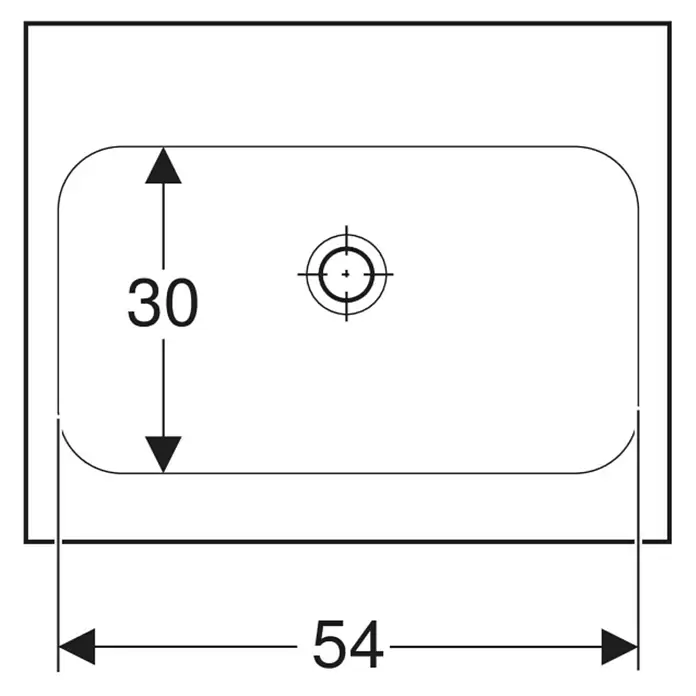 Geberit iCon Light Aufsatzwaschbecken - 60 x 48 cm, Mit schmutzabweisender Glasur, Ohne Hahnloch/Ohne Überlauf, Weiß - Technische Draufsicht eines rechteckigen Beckens mit Maßen 54x30 und mittigem Ablaufloch.