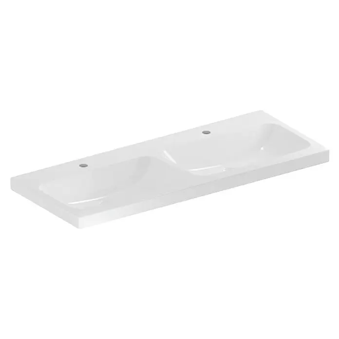 Geberit iCon Light Doppelwaschtisch - 120 x 48 cm, Ohne Spezialglasur, Mit Hahnloch/Ohne Überlauf, Weiß - Weißes Keramik-Doppelwaschbecken mit zwei integrierten Becken.
