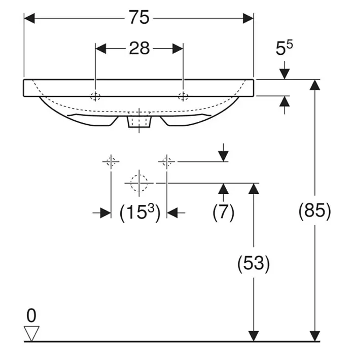 Geberit iCon Light Waschtisch - 75 x 42 cm, Ohne Spezialglasur, Hahnloch: Ohne, Mit Überlauf, Weiß - Technische Zeichnung mit Draufsicht- und Frontansichtsmaßen eines Waschbeckens.