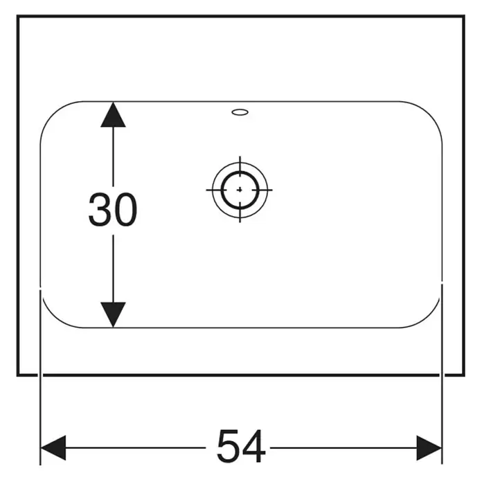 Geberit iCon Light Aufsatzwaschbecken - 60 x 48 cm, Mit schmutzabweisender Glasur, Ohne Hahnloch/Mit Überlauf, Weiß - Draufsicht auf ein weißes, rechteckiges Waschbecken mit gerundeten Ecken, Ablauf, Überlauf und Abmessungen 30x54 cm.