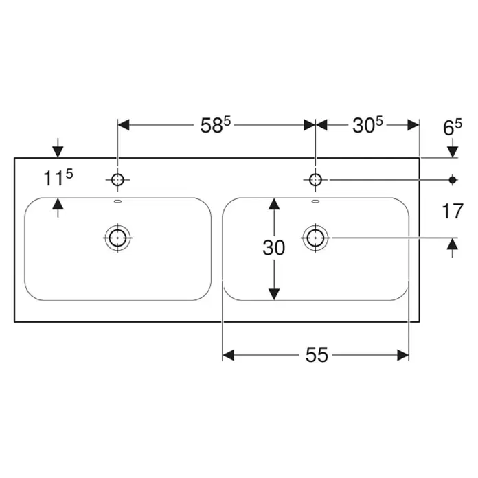Geberit iCon Light Doppelwaschtisch - 120 x 48 cm, Mit schmutzabweisender Glasur, Mit Hahnloch/Mit Überlauf, Weiß - Technische Zeichnung eines weißen Doppelwaschtischs mit Maßen, Draufsicht.