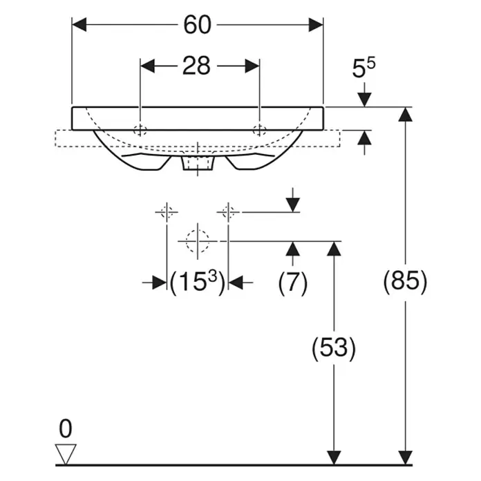 Geberit iCon Light Aufsatzwaschbecken - 60 x 48 cm, Ohne Spezialglasur, Mit Hahnloch/Ohne Überlauf, Weiß - Maßzeichnung eines Waschbeckens, die Gesamtgröße und Einbaumaße angibt.