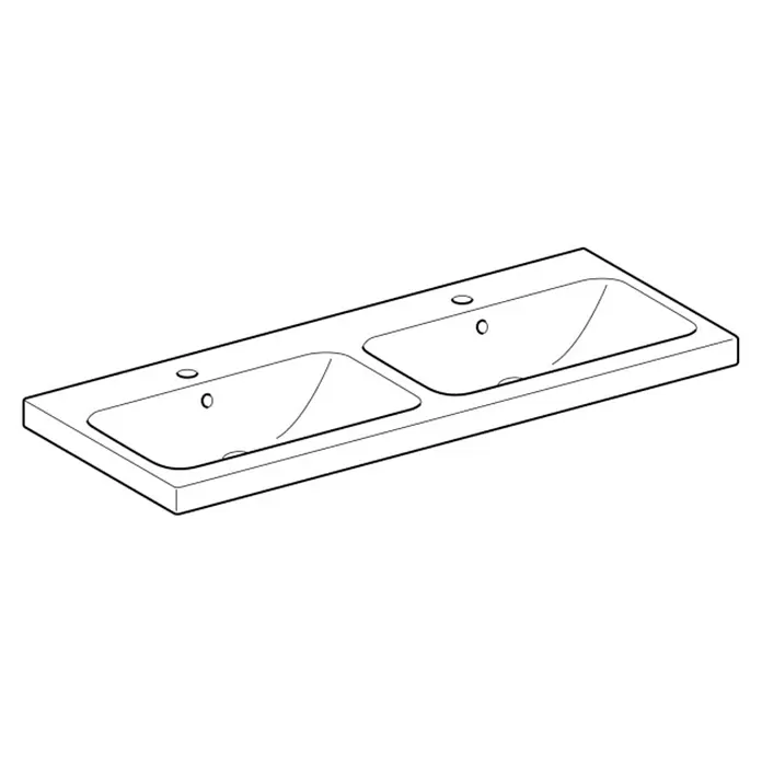 Geberit iCon Light Doppelwaschtisch - 120 x 48 cm, Mit schmutzabweisender Glasur, Mit Hahnloch/Mit Überlauf, Weiß - Weiße Doppelwaschtischplatte mit zwei integrierten rechteckigen Waschbecken, je mit Hahnloch und Ablauf.