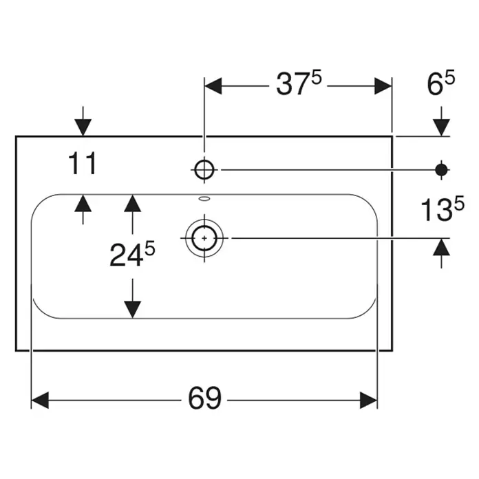 Geberit iCon Light Waschtisch - 75 x 42 cm, Mit schmutzabweisender Glasur, Hahnloch: Mitte, Ohne Überlauf, Weiß - Technisches Maßbild eines rechteckigen Waschbeckens mit Maßen.
