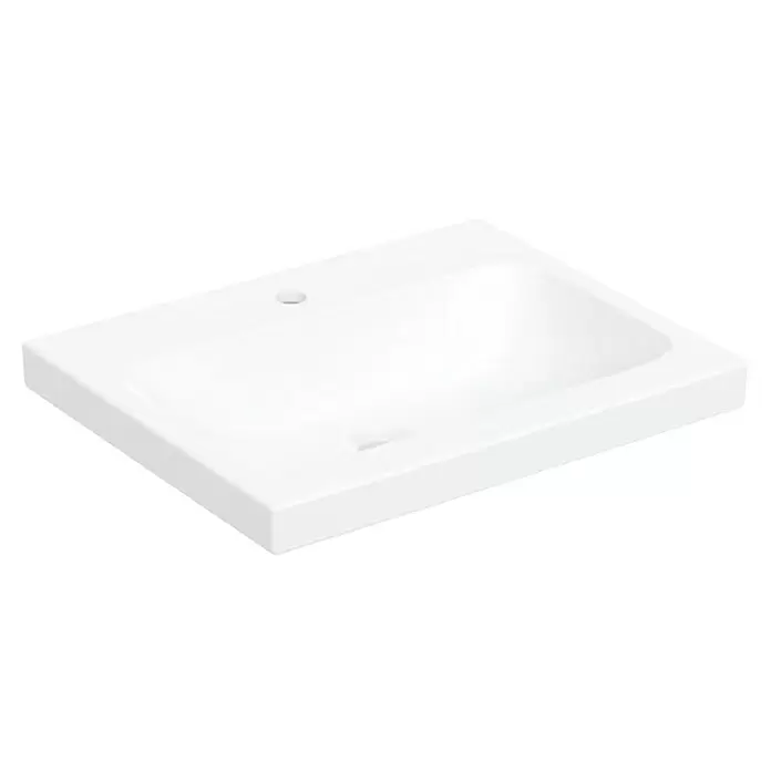 Geberit iCon Light Aufsatzwaschbecken - 60 x 48 cm, Ohne Spezialglasur, Mit Hahnloch/Ohne Überlauf, Weiß - Weißes, rechteckiges Keramik-Waschbecken mit Hahnloch und Überlauf.