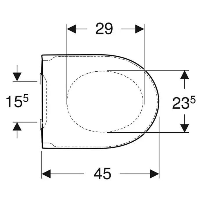 Geberit iCon WC-Sitz Typ 1 - Duroplast, Weiß, Mit Absenkautomatik - Technische Zeichnung, Draufsicht, eines Toilettensitzes mit Gesamtlänge (45), Breite (29) und Maßen für Scharnier (15.5) und hinten (23.5).