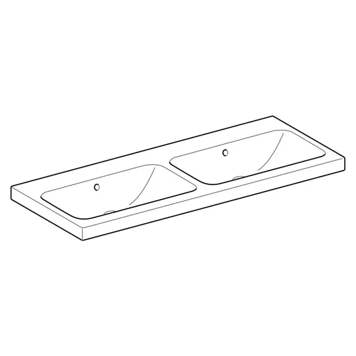 Geberit iCon Light Doppelwaschtisch - 120 x 48 cm, Mit schmutzabweisender Glasur, Ohne Hahnloch/Mit Überlauf, Weiß - Weißes Keramik-Doppelwaschbecken mit zwei integrierten Becken und Hahnlöchern, schräg von oben betrachtet.