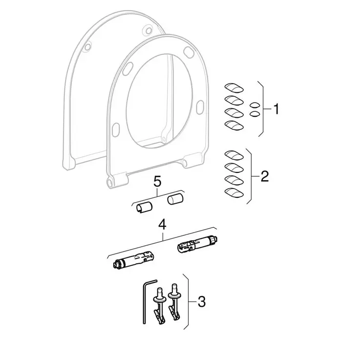 Geberit iCon WC-Sitz Typ 1 - Duroplast, Weiß, Mit Absenkautomatik - Explosionszeichnung eines Toilettensitzes und Deckels mit Befestigungsmaterial, Schrauben, Unterlegscheiben und Kunststoffteilen.