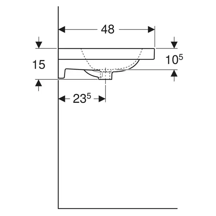 Geberit iCon Light Doppelwaschtisch - 120 x 48 cm, Mit schmutzabweisender Glasur, Ohne Hahnloch/Ohne Überlauf, Weiß - Technische Zeichnung eines Waschbeckens (Seitenansicht) mit Maßen für Breite, Randdicke, Beckentiefe und Ablaufposition.