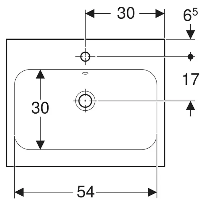 Geberit iCon Light Aufsatzwaschbecken - 60 x 48 cm, Ohne Spezialglasur, Mit Hahnloch/Mit Überlauf, Weiß - Technische Zeichnung (Draufsicht) eines Waschbeckens mit Maßen für Armatur und Ablauf.