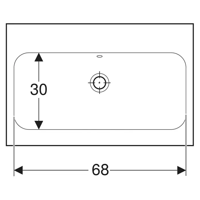 Geberit iCon Light Aufsatzwaschbecken - 75 x 48 cm, Ohne Spezialglasur, Ohne Hahnloch/Mit Überlauf, Weiß - Technische Zeichnung eines rechteckigen Spülbeckens mit Ablauf und Überlauf. Maße 68x30.