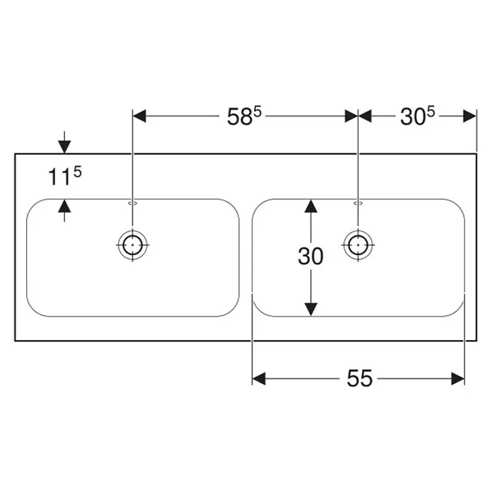 Geberit iCon Light Doppelwaschtisch - 120 x 48 cm, Mit schmutzabweisender Glasur, Ohne Hahnloch/Mit Überlauf, Weiß - Technische Zeichnung eines Doppelwaschbeckens, detailliert zwei rechteckige Becken mit Abfluss-/Armaturbohrungen und Hauptmaßen.
