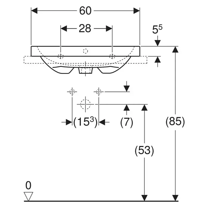 Geberit iCon Light Aufsatzwaschbecken - 60 x 48 cm, Ohne Spezialglasur, Mit Hahnloch/Mit Überlauf, Weiß - Technische Zeichnung eines Waschtischs mit detaillierten Installationsmaßen.