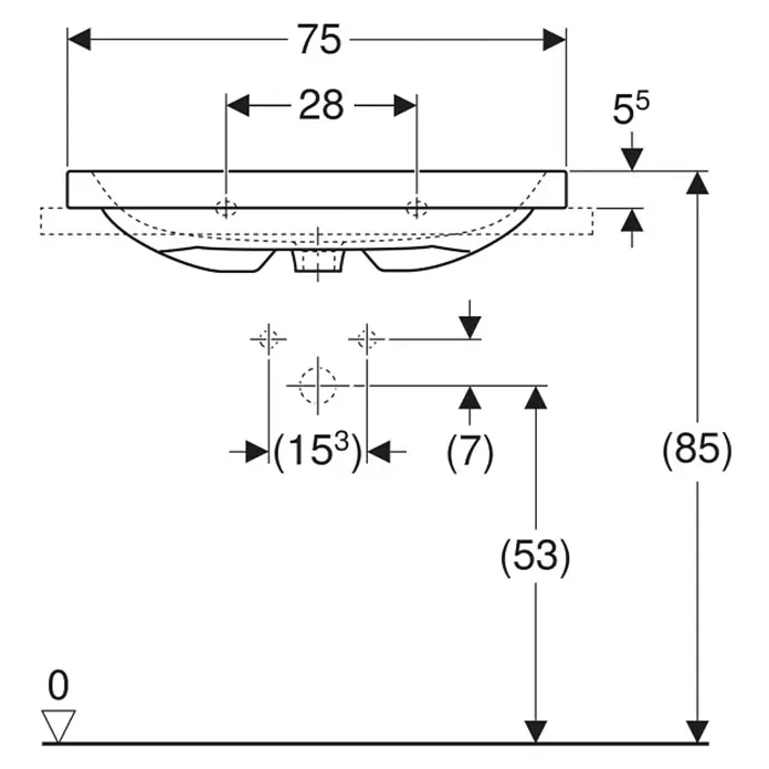 Geberit iCon Light Aufsatzwaschbecken - 75 x 48 cm, Ohne Spezialglasur, Mit Hahnloch/Ohne Überlauf, Weiß - Technische Zeichnung mit den Maßen eines Waschbeckens.