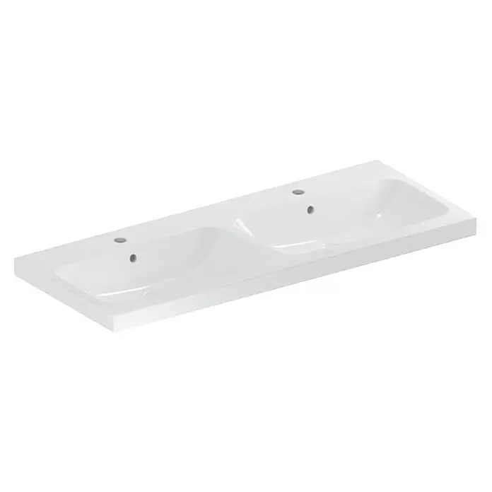Geberit iCon Light Doppelwaschtisch - 120 x 48 cm, Mit schmutzabweisender Glasur, Mit Hahnloch/Mit Überlauf, Weiß - Weißes Keramik-Doppelwaschbecken mit zwei integrierten Becken und Hahnlöchern.