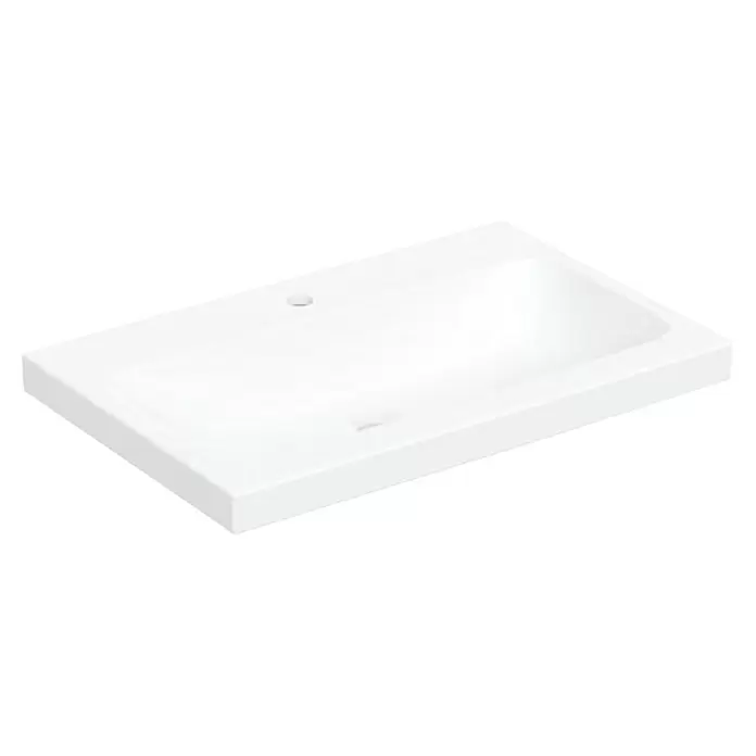 Geberit iCon Light Aufsatzwaschbecken - 75 x 48 cm, Ohne Spezialglasur, Mit Hahnloch/Ohne Überlauf, Weiß - Weißes, rechteckiges Waschbecken mit einem Hahnloch und integriertem Überlaufschlitz.