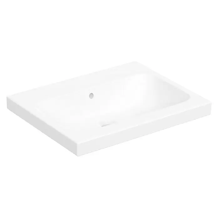 Geberit iCon Light Aufsatzwaschbecken - 60 x 48 cm, Mit schmutzabweisender Glasur, Ohne Hahnloch/Mit Überlauf, Weiß - Weißes, rechteckiges Keramik-Waschbecken mit einem Hahnloch und Überlauf.