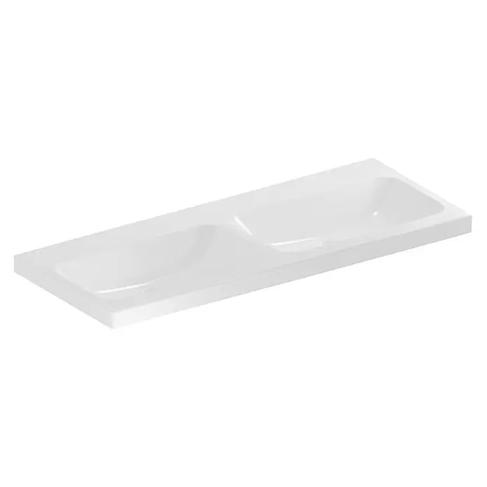 Geberit iCon Light Doppelwaschtisch - 120 x 48 cm, Mit schmutzabweisender Glasur, Ohne Hahnloch/Ohne Überlauf, Weiß - Weißes rechteckiges Doppelwaschbecken im Trogstil.