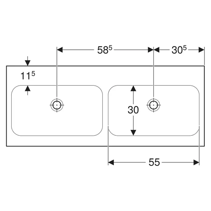 Geberit iCon Light Doppelwaschtisch - 120 x 48 cm, Mit schmutzabweisender Glasur, Ohne Hahnloch/Ohne Überlauf, Weiß - Technische Zeichnung eines Doppelwaschbeckens, Draufsicht, mit horizontalen und vertikalen Maßen.