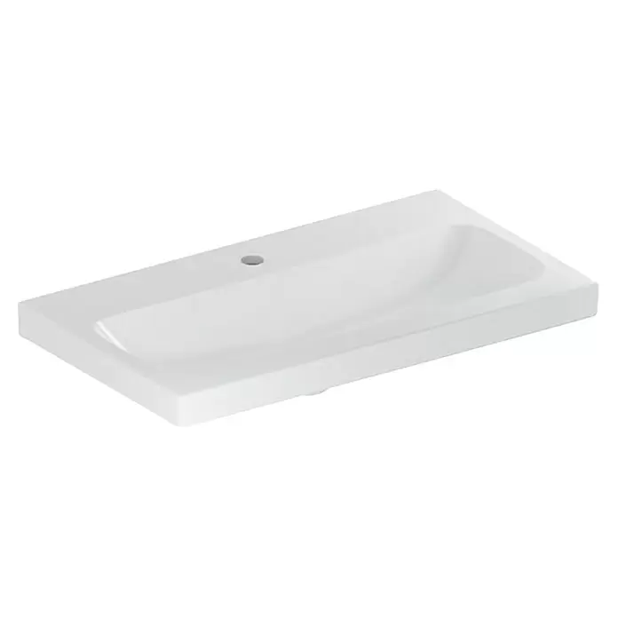 Geberit iCon Light Waschtisch - 75 x 42 cm, Mit schmutzabweisender Glasur, Hahnloch: Mitte, Ohne Überlauf, Weiß - Weißes rechteckiges Keramikwaschbecken mit einem Hahnloch für die Badmontage.