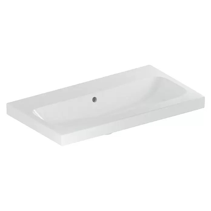 Geberit iCon Light Waschtisch - 75 x 42 cm, Ohne Spezialglasur, Hahnloch: Ohne, Mit Überlauf, Weiß - Weißes rechteckiges Keramik-Waschbecken mit einem einzelnen Abflussloch.