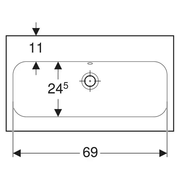 Geberit iCon Light Waschtisch - 75 x 42 cm, Ohne Spezialglasur, Hahnloch: Ohne, Mit Überlauf, Weiß - Technische Zeichnung eines rechteckigen Waschbeckens mit abgerundeten Ecken und Hahnloch. Maße zeigen 69 Gesamtbreite und 24,5 Innentiefe.