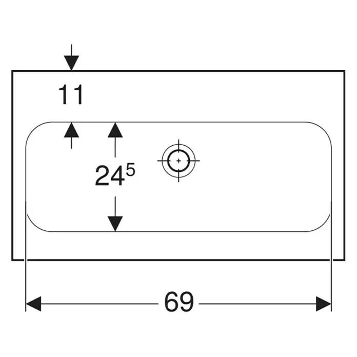 Geberit iCon Light Waschtisch - 75 x 42 cm, Mit schmutzabweisender Glasur, Hahnloch: Ohne, Ohne Überlauf, Weiß - Technische Zeichnung eines rechteckigen Waschbeckens mit abgerundeten Ecken, zeigt Gesamtmaße und Hahnlochposition.