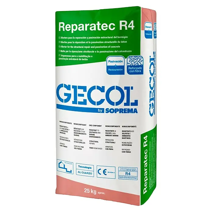 Gecol Mortero de reparación Reparatec R4 - Espesor: 1 mm - 50 mm, 25 kg - Mortero Reparatec R4 para la reparación estructural y pasivación del hormigón. Reforzado con fibra para resultados duraderos.