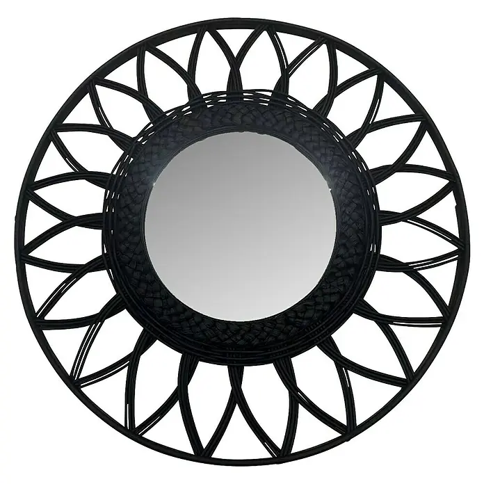 Espejo de pared Oppo - Diámetro: 50 cm, Negro - Un espejo de pared redondo y negro con un marco decorativo intrincado. Perfecto para añadir un toque de estilo a cualquier habitación.
