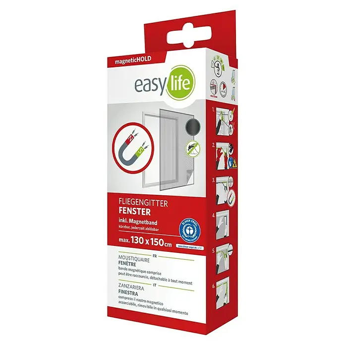 Easy Life Fenstergitter - B x H: 130 x 150 cm - Verpackung der magnetischen Fenster-Fliegengitter "Easy Life", max. 130 x 150 cm, inklusive Magnetband, kürzbar und jederzeit ablösbar.