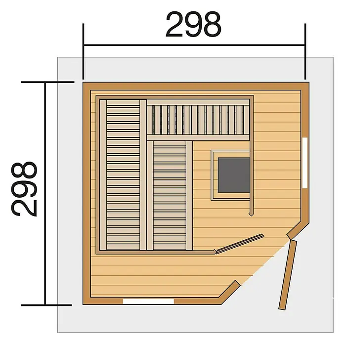 Weka Saunahaus SALO 7,5 kW OS Gr. 1 - Elektroofen, Steuerung Ofen: Extern, L x B x H: 338 x 237 x 338 cm, Natur - Grundriss einer kompakten Sauna mit Holzbänken und Ofen, Maße 298x298 cm für den Innenbereich.