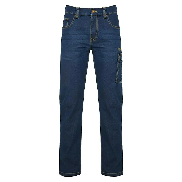 Pantalones de trabajo Raptor - 42, Azul, Caballeros - En la imagen, se muestran unos pantalones vaqueros azules con detalles de costuras amarillas y un bolsillo cargo. Versátil y resistente.