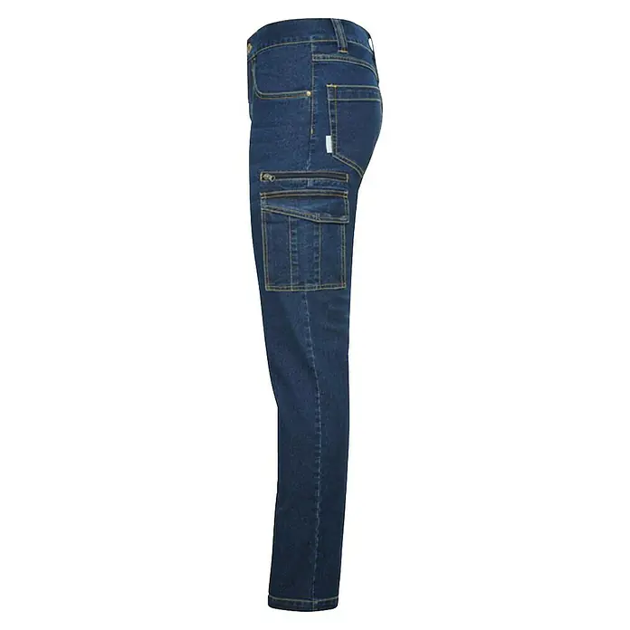 Pantalones de trabajo Raptor - 42, Azul, Caballeros - Jeans azul oscuro con bolsillos laterales y costuras amarillas. Los pantalones tienen un corte recto y están hechos de mezclilla resistente.