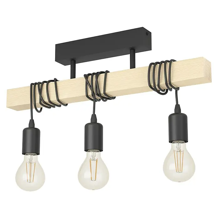 Eglo Townshend Deckenleuchte - 180 W, L x B x H: 55 x 10,5 x 26,5 cm, Schwarz/Braun, E27 - Nahaufnahme einer Deckenleuchte mit Holzbalken und drei Glühbirnen, die ein warmes Licht ausstrahlen.