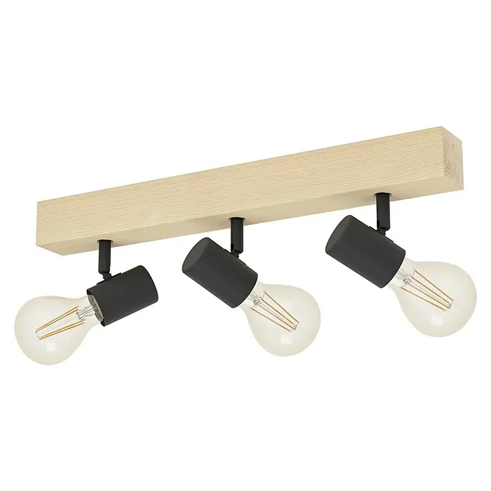 Eglo Townshend 3 Wandstrahler - 180 W, L x B x H: 5 x 5 x 48 cm, Braun/Schwarz, E27, 3 Stk. - Deckenleuchte mit drei Strahlern und hellem Holzträger. Die Leuchtmittel sind in schwarzen Fassungen gefasst.
