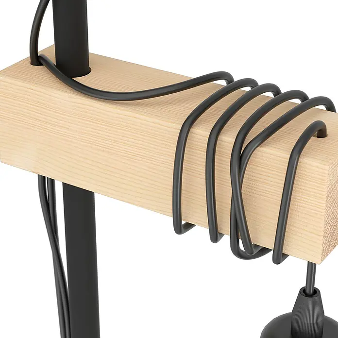 Eglo Townshend Stehleuchte - 20 W, Höhe: 166,5 cm, Braun/Schwarz, E27 - Nahaufnahme einer modernen Lampe mit hellem Holz und schwarzen Akzenten, die ein stilvolles Designelement hervorhebt.