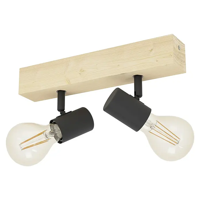 Eglo Townshend 3 Wandstrahler - 120 W, L x B x H: 30 x 5 x 5 cm, Braun/Schwarz, E27, 2 Stk. - Holz-Deckenleuchte mit zwei schwarzen Strahlern und dekorativen Glühbirnen für eine stimmungsvolle Beleuchtung.