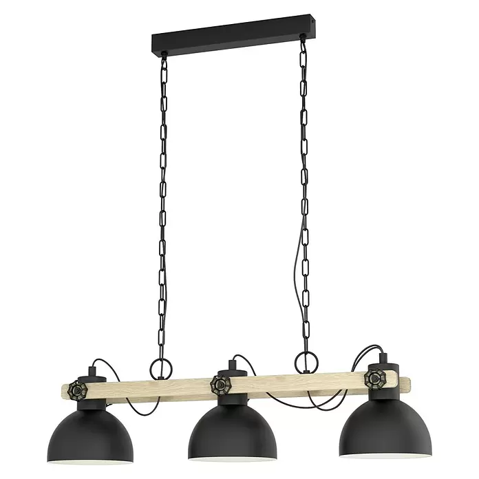 Eglo Lubenham Pendelleuchte - 84 W, L x B x H: 90 x 20 x 110 cm, Schwarz/Braun, E27, 3 Stk. - Lineare Pendelleuchte mit drei schwarzen Metallschirmen an einem Naturholzträger, an schwarzen Ketten aufgehängt.