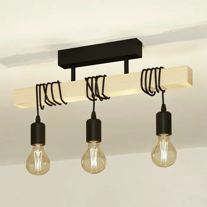 Eglo Townshend Deckenleuchte - 180 W, L x B x H: 55 x 10,5 x 26,5 cm, Schwarz/Braun, E27 - Moderne Deckenleuchte mit drei Edison-Glühbirnen, Holzdetails und schwarzer Halterung für stilvolle Beleuchtung im Raum.